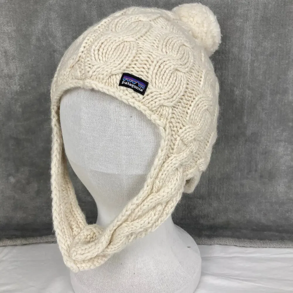 Patagonia Cable Knit Wool Blend Ear Flap Beanie Women Cream Chin Straps Pom Pom